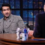 Kumail Nanjiani Instagram - Me. @sethmeyers. (Styling: @jeanneyangstyle @chloekeiko) (Grooming: @melissa.dezarate) (Pic: Lloyd Bishop/NBC) (Suit: @dzojchen)