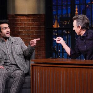 Kumail Nanjiani Instagram - Me. @sethmeyers.
(Styling: @jeanneyangstyle @chloekeiko)
(Grooming: @melissa.dezarate)
(Pic: Lloyd Bishop/NBC)
(Suit: @dzojchen)