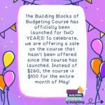 Kumiko Love Instagram – 🎉2-YEAR ANNIVERSARY SALE🎉

The Building Blocks of Budgeting Course has been out in the world for two years. For the entire month of May, we are celebrating by offering an Anniversary Sale where you can purchase the entire course for $100 (normally $260!).

This low price hasn’t been offered since the release of the course two years ago!

The Building Blocks of Budgeting Course took years to create and is jam-packed full of topics ranging from money mindset to defining goals to budgeting with a partner. I walk you through each lesson and module in over 50 videos, and there are over 100 printables to take notes, fill out, and utilize on your journey.

For $100, the Building Blocks of Budgeting Course includes:

– Access For Life

– Seven Workbooks

– TBM Debt Payoff Calculator

– Budget by Paycheck Method In Excel & Google Sheets

– Comment Support

– Access To All Future Addtions

– Side Hustle Manual

– Six Bonus Lessons

– Over 100 Printables

– Over 50 Videos

To purchase, head over to the link in my bio or to Courses.TheBudgetMom.Com

#thebudgetmom #course #financecourse #budgetcourse #coursesale #sale #personalfinace #budgetbypaycheck