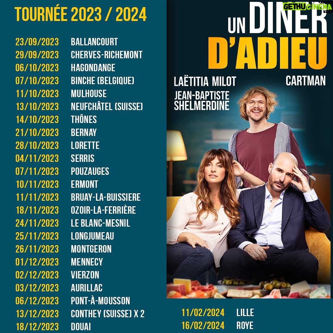 Laëtitia Milot Instagram - Devant se rendre à un autre dîner auquel ils ne veulent au fond pas aller, Pierre et Clotilde prennent une décision : faire le ménage dans leurs amitiés usées. Ils organiseront des dîners d’adieu, mélange d’hommage et de délivrance, pour ces amis qui vont disparaître de leur vie. Leur première victime : Antoine Royer. Mais, entre un Pierre un peu lâche et velléitaire, une Clotilde imprévisible et cet ami pour le moins curieux, rien ne se passe comme prévu… J’ai le plaisir de vous communiquer la totalité des dates de la tournée, Un Dîner d’Adieu ! 🎭 #théâtre #comédie #undînerdadieu