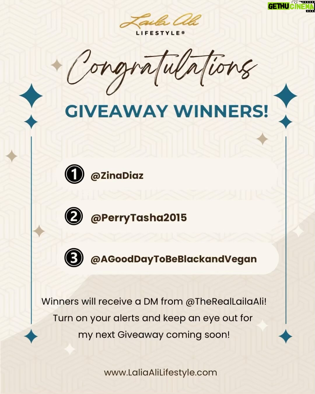 Laila Ali - 3 Likes - 🎁This weeks Holiday Giveaway has concluded~
🏆Congrats to the 3 winners of the Laila Ali Skincare Bundle:
@ZinaDiaz
@PerryTasha2015
@AGoodDayToBeBlackandVegan
The winners will receive a DM soon!
❤️Thanks to ALL who participated…If you want a Coco Sugar Lip Scrub…
‼️Comment YES below to receive a link via DM for an exclusive offer!**While supplies last***, so hurry! YOU MUST BE FOLLOWING @thereallailaali TO USE THE CODE.
🎁Stay tuned for my next Giveaway!
