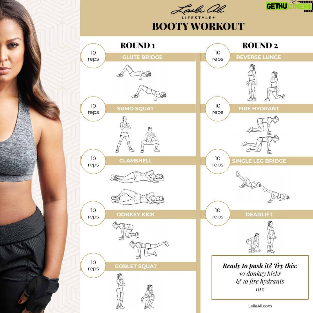 Laila Ali Instagram - Hey there! If you want to improve your body, you can make it happen naturally. These are some of my favorite exercises. Do this workout 3-4 times a week for 30 days CONSISTENTLY and watch the results happen. I'm cheering you on every step of the way! Let's go! π₯ Visit lailaali.com/replenish for more inspiration to become the greatest version of you!