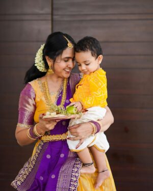 Lasya Manjunath Instagram - 💜💜💛💛
Our little prince @its.memunnu 
Kannaiah 💛🤗🧿🧿🧿

📸: @happy_portraits_photography 
Outfits : @pari.designers_ 
Mua : @themakeupshapes