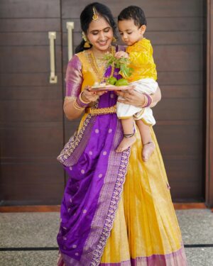 Lasya Manjunath Instagram - 💜💜💛💛
Our little prince @its.memunnu 
Kannaiah 💛🤗🧿🧿🧿

📸: @happy_portraits_photography 
Outfits : @pari.designers_ 
Mua : @themakeupshapes