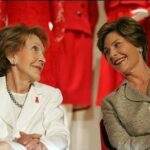 Laura Bush Instagram - I’m remembering @nancydavisreagan this week as the @reaganfoundation celebrates her 100th birthday. Here we shared a sweet moment at an event for The Heart Truth, where Mrs. Reagan used her iconic style to raise awareness about heart disease in women. We miss her and the good work she did for our country. White House Photo