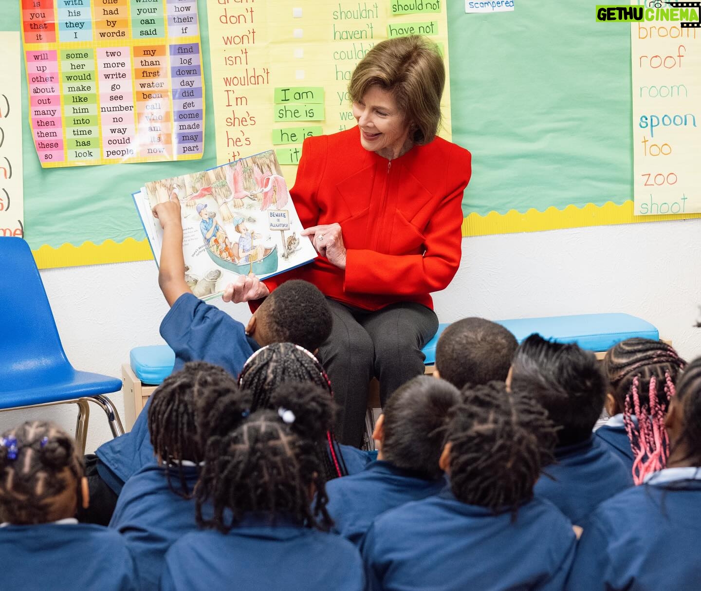 Laura Bush Instagram - Reading opens doors to imagination and opportunity. That’s why today, I celebrated @unitedway’s #ReadAcrossAmerica by reading to first grade students at J.N. Ervin Elementary School in Dallas. By reading to students in your communities, you can inspire a lifelong love of reading. Thank you, Mrs. Wallace, for letting me share my love of reading with your classroom. 📚