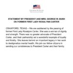 Laura Bush Instagram - We are saddened by the passing of former First Lady Rosalynn Carter. She was a woman of dignity and strength. There was no greater advocate of President Carter, and their partnership set a wonderful example of loyalty and fidelity. She leaves behind an important legacy in her work to destigmatize mental health. We join our fellow citizens in sending our condolences to President Carter and their family.