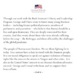 Laura Bush Instagram - President Bush and I are saddened and angered by the senseless violence and loss of life occurring to those peacefully protesting for freedom in Burma. In recent years, democratic gains gave hope that Burmese leaders were building a free and open society. Instead, the Burmese military leadership prefers to return to the days of fear, poverty, and oppression. Hundreds of innocent people have been detained and jailed for exercising their rights to freedom of speech and peaceful assembly. Many have been brutally beaten or killed. The world is watching these shameful abuses of human rights, and we condemn them. Through our work with the Bush Institute’s Liberty and Leadership Program, George and I have come to know many young Burmese leaders — including former political prisoners, members of parliament, and journalists — who believe that Burma should be a free and open democracy. They are deeply concerned for their country. And they worry about those who were already suffering before the coup — the Rohingya, and those affected by the challenges of the global pandemic. The people of Burma want freedom. We see them fighting for it today. Free nations have a duty to stand with the Burmese people. It is our moral obligation to speak out against violations of human rights like the ones on the streets in Yangon and other cities. It is also in the United States’ interest to see Burma's freedom advocates succeed. George and I stand with them, and we support their brave efforts.