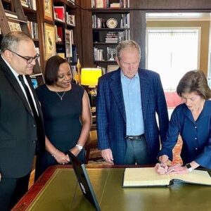 Laura Bush Instagram - Repost from @georgewbush
•
Laura and I were honored to sign the condolence book for Her late Majesty Queen Elizabeth II last week.  We thank His Majesty’s Consul General and Mrs. Richard Hyde for coming to @thebushcenter and allowing us to pay tribute to a great friend to America.  May her example of duty, honor, and strength continue to guide us.