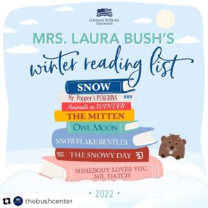 Laura Bush Instagram - Calling all bookworms! 📚🐛

Repost from @thebushcenter
•
Mrs. @laurawbush heard there are some terrific young readers out there patiently awaiting her annual summer reading list. Since groundhog Punxsutawney Phil said we have a few more weeks of winter, Mrs. Bush created a very special winter reading list for children, parents, librarians, and teachers to enjoy. Visit the link in our bio to check out the list.