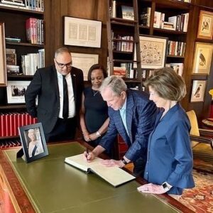 Laura Bush Instagram - Repost from @georgewbush
•
Laura and I were honored to sign the condolence book for Her late Majesty Queen Elizabeth II last week.  We thank His Majesty’s Consul General and Mrs. Richard Hyde for coming to @thebushcenter and allowing us to pay tribute to a great friend to America.  May her example of duty, honor, and strength continue to guide us.