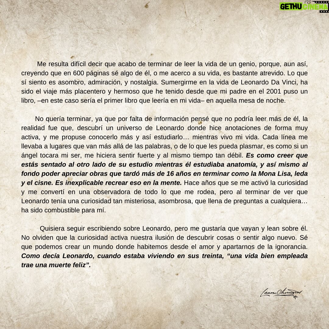 Laura Chimaras Instagram - Leer la segunda foto con calma… Mi primer post del 2024 va dedicado a quien robó mis pensamientos en todo el mes de Diciembre, haciendo de mi vida un carrusel de emociones, asombro, nostalgia y misterio, al maestro Leonardo Da Vinci. Sin duda el mejor libro que he leído en mi vida. Gracias @walter_isaacson tu pluma es una locura, lograste que me imaginara sentada en el estudio de Leonardo mientras trabajaba, gracias por ser vocero de grandes seres que todo el mundo debería conocer. 🥃