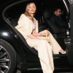 Laura Whitmore Instagram - In suit of sunshine @stellamccartney ☀️ Party shoes @louboutinworld Handmade bow @joepickeringtaylor Pure ‘class’ chain @margaret0connor Second last shot definitely telling Christian my best dad joke! LW X PFW