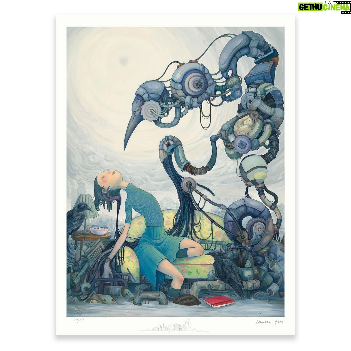 Lauren Tsai Instagram - My new print, “Ending Song,” will be available on unrealinc.com beginning Monday, March 18th at 6PM PST (3/19 10AM JST) for 24 hours only! The print is 19.5”x 26” and printed on 310 gsm archival paper. Each will be numbered and signed by me. (Reupload because half the images were blank last time lol 🥲) I wanted to share a bit about this. I began “Ending Song” in 2021 while living in a friend’s guest room and feeling the desire to create another large painting before Tokyo. At the time, l’d felt distant from my dreams and self in a way which terrified me. But, an old idea resurfaced, leading me to combine various images - industrial towers from the beach I drove to most nights, crows from my hometown, and Astrid who is always there. This painting was both a start and promise to myself. What I started in LA hung in my four temporary apartments in Tokyo and loomed in the peripheral, remaining unfinished after a long hiatus from work, finally finding itself in my current residence. In mid-2023, while slowly returning to work, I revisited the painting. It struck me that leaving it unfinished would condemn it to representing an unfulfilled dream, one that was still deep within and necessary. I taped it up one last time. While painting, I felt near to the “me” who wanted so badly to make this years ago, and felt how much I’d changed since starting. “Ending Song” is a years-long beginning, a small piece to a vision I will continue to chase, and a promise kept. I’m grateful for this time and this painting which has followed me so long. I really, really love how this print turned out and cannot wait for you to see it. Please go to the link in my bio for all the info! Thank you always, 🖤