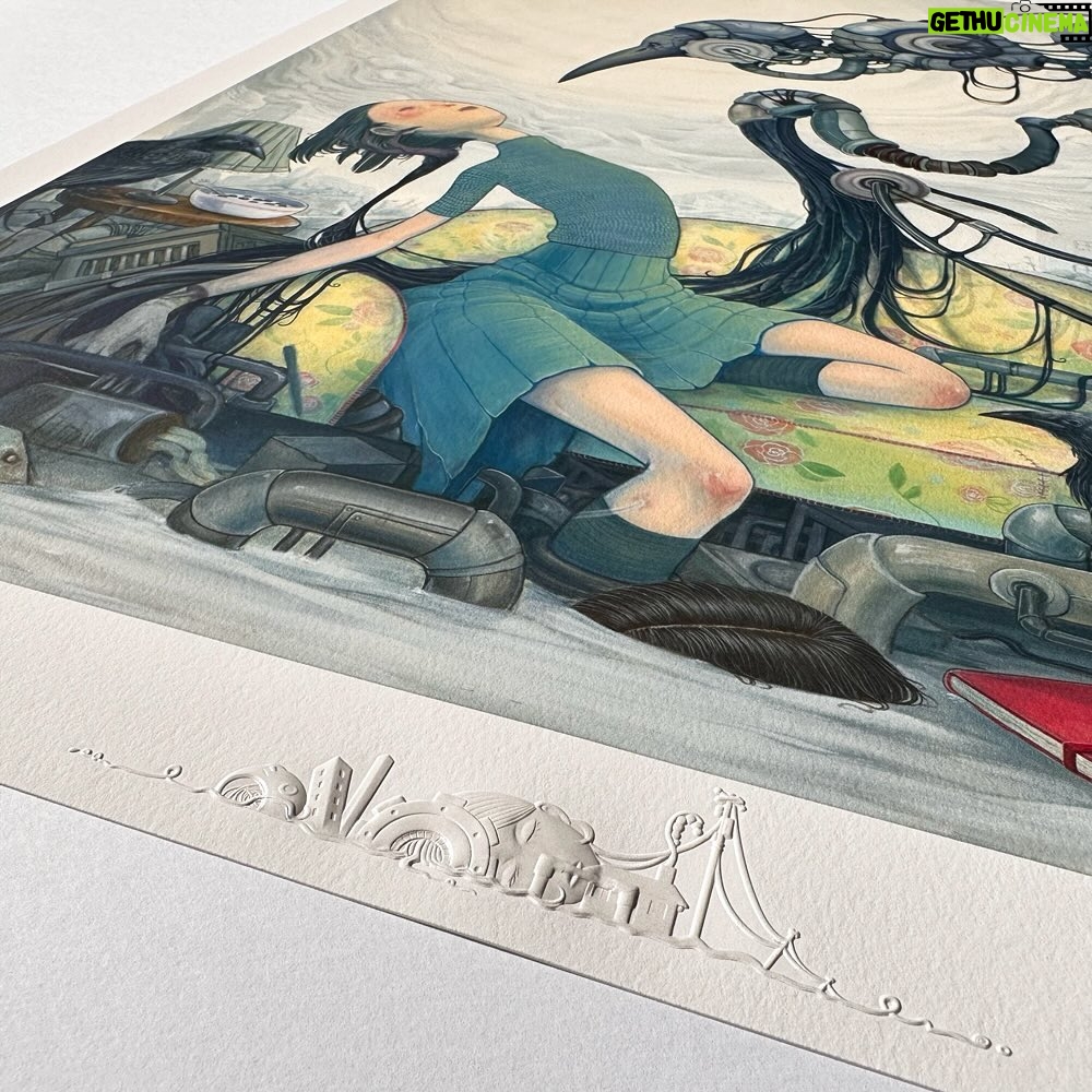 Lauren Tsai Instagram - My new print, “Ending Song,” will be available on unrealinc.com beginning Monday, March 18th at 6PM PST (3/19 10AM JST) for 24 hours only! The print is 19.5”x 26” and printed on 310 gsm archival paper. Each will be numbered and signed by me. (Reupload because half the images were blank last time lol 🥲) I wanted to share a bit about this. I began “Ending Song” in 2021 while living in a friend’s guest room and feeling the desire to create another large painting before Tokyo. At the time, l’d felt distant from my dreams and self in a way which terrified me. But, an old idea resurfaced, leading me to combine various images - industrial towers from the beach I drove to most nights, crows from my hometown, and Astrid who is always there. This painting was both a start and promise to myself. What I started in LA hung in my four temporary apartments in Tokyo and loomed in the peripheral, remaining unfinished after a long hiatus from work, finally finding itself in my current residence. In mid-2023, while slowly returning to work, I revisited the painting. It struck me that leaving it unfinished would condemn it to representing an unfulfilled dream, one that was still deep within and necessary. I taped it up one last time. While painting, I felt near to the “me” who wanted so badly to make this years ago, and felt how much I’d changed since starting. “Ending Song” is a years-long beginning, a small piece to a vision I will continue to chase, and a promise kept. I’m grateful for this time and this painting which has followed me so long. I really, really love how this print turned out and cannot wait for you to see it. Please go to the link in my bio for all the info! Thank you always, 🖤