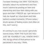 Lauv Instagram – Thank you for taking the time to read this. I recognize we don’t all have the answers to every question, but even a TINY tip on getting through this phase of life, where my confidence to outwardly be myself is lower than my internal faith in myself would be SO appreciated it’s not even funny.