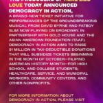 Lea Salonga Instagram – To increase access to Broadway, Here Lies Love (@herelieslovebway), in partnership with Gold House (@goldhouseco) and The Asian American Foundation(@taaforg) is launching DEMOCRACY IN ACTION, a ticket initiative for performances beginning in October. These tickets will go to high school and college students; healthcare, service, and municipal workers; community centers; and other non-profits. Please Join Us! For info visit https://herelieslovebroadway.com/diati
 
#DemocracyInAction