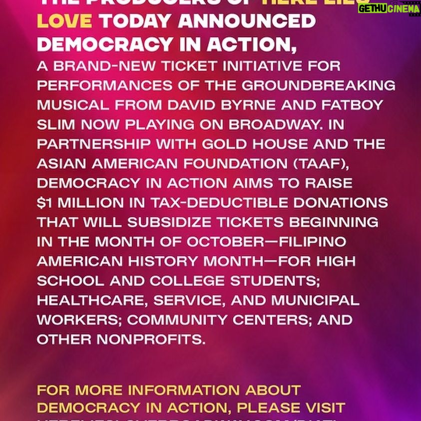 Lea Salonga Instagram - To increase access to Broadway, Here Lies Love (@herelieslovebway), in partnership with Gold House (@goldhouseco) and The Asian American Foundation(@taaforg) is launching DEMOCRACY IN ACTION, a ticket initiative for performances beginning in October. These tickets will go to high school and college students; healthcare, service, and municipal workers; community centers; and other non-profits. Please Join Us! For info visit https://herelieslovebroadway.com/diati #DemocracyInAction