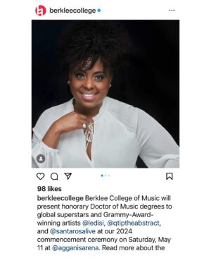 Ledisi Instagram - Wow….It’s been an honor to be called Professor for the past two years and growing with my colleagues. Now an Honorary Doctorate from @berkleecollege 😩Wow🙏🏾Thank You to everyone at  @berkleecollege my mentors @terrilynecarrington  @ajatheethnomusicologist @jazzandgenderjustice the students and colleagues for being on this journey with me. What an honor to be amongst the GREATS! 

The last pic is little me with one of my music teachers after my first concert with the New Orleans Symphony back in the day. Little me pushes me to keep exploring. I am so proud of my weird little self. Thank You God. Your plan was much bigger. ✨❤️