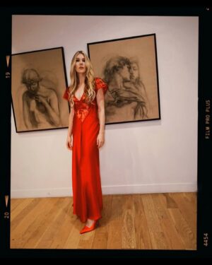 Lily Rabe Instagram - The night before (the night before) in a @rodarte dress I loved so much I was dancing in the living room … @mptf #EveningBefore

Styling: @leithclark 
Hair: @claytonhawkins
Makeup: @sarahuslan 
💃🏼: @rodarte 
👠 and 👛 : @jimmychoo 
💍: @margosiegelpr @effyjewelry @untamedpetals