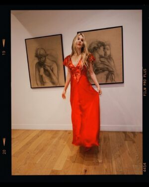Lily Rabe Instagram - The night before (the night before) in a @rodarte dress I loved so much I was dancing in the living room … @mptf #EveningBefore

Styling: @leithclark 
Hair: @claytonhawkins
Makeup: @sarahuslan 
💃🏼: @rodarte 
👠 and 👛 : @jimmychoo 
💍: @margosiegelpr @effyjewelry @untamedpetals