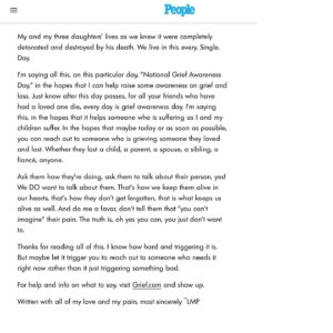 Lisa Marie Presley Instagram - Hi. In honor of it being National Grief Awareness Day , I wrote an essay about Grief which was posted today on @people . I thought I’d post it here in the hopes that anyone who needs to hear all of this it helps in some way. (link to story in Bio)