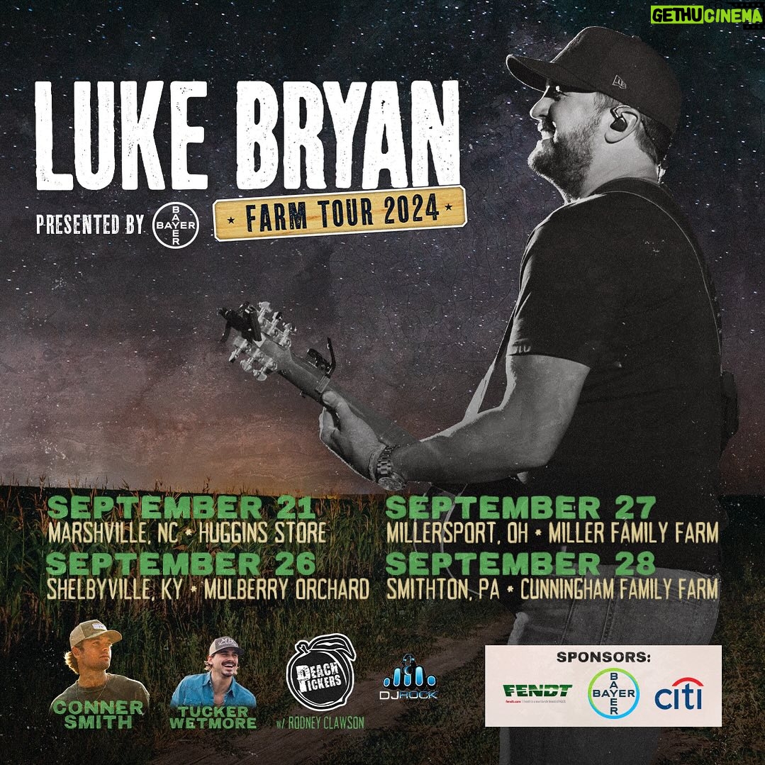 Luke Bryan Instagram - Time to get your boots and those farmer’s tans ready y’all: our 15th #FarmTour will be hitting the fields this fall. I’m excited to bring out @connersmithmusic, @tuckerwetmore, @thepeachpickers with @RodneyClawson, and @DJRock while we party and honor the American Farmer. Join the Nut House for early access tickets on May 6th at 10am est. Public on sale is Thursday, May 9th at 10am est. #HeresToTheFarmer #FarmTour2024 presented by @bayerus