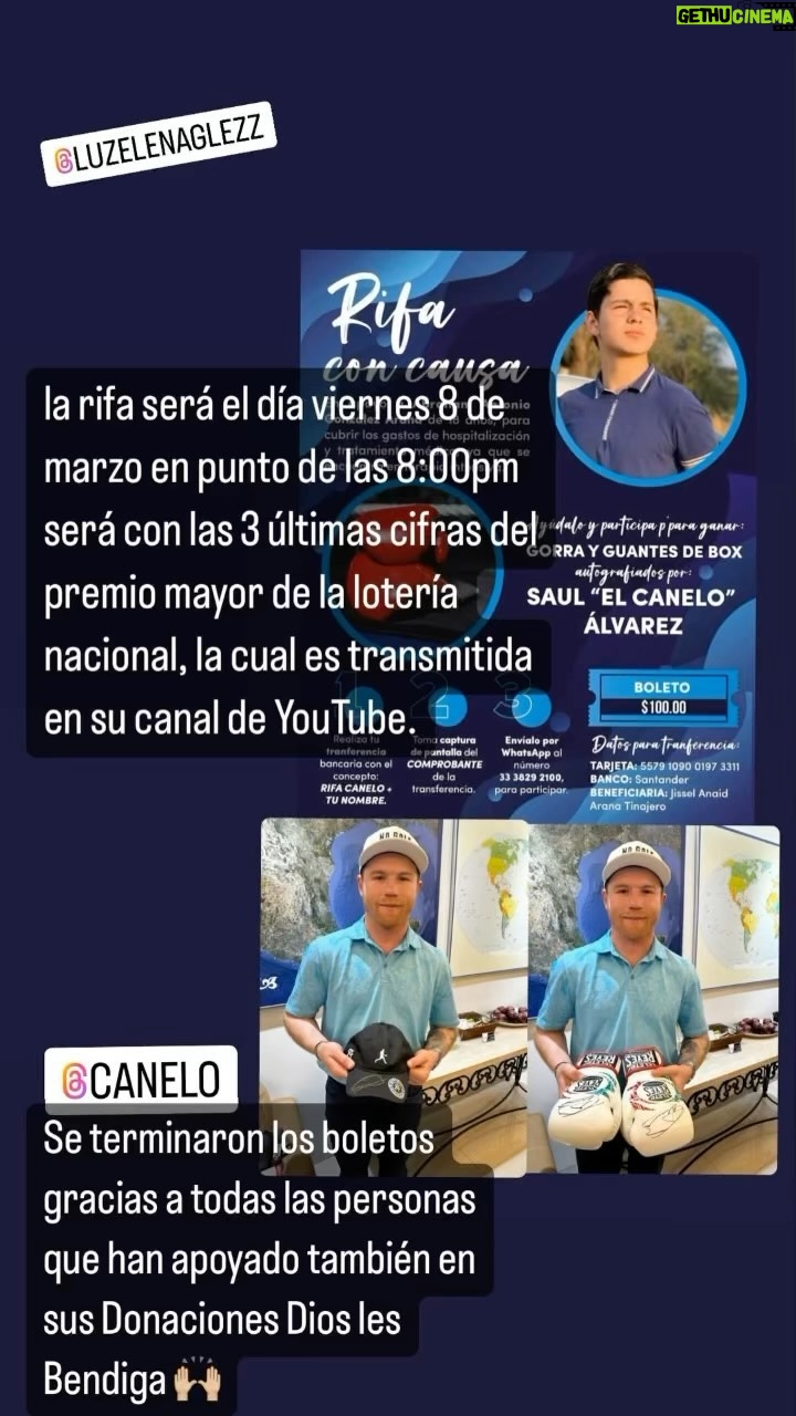 Luz Elena González Instagram - Gracias @canelo Gracias @gonzaloalvarezoficial y gracias a todos ustedes que no solo reenviaron el mensaje sino que además compraron boleto para esta rifa y ayudar a mi sobrino Abraham para que pudiese ser operado y atendido después de tener un grave accidente!!! hasta el día de hoy sigue hospitalizado estable pero grave. Toda mi familia está muy agradecida por las muestras de cariño y por sus oraciones!!!! 🙏🏼🙌🏼