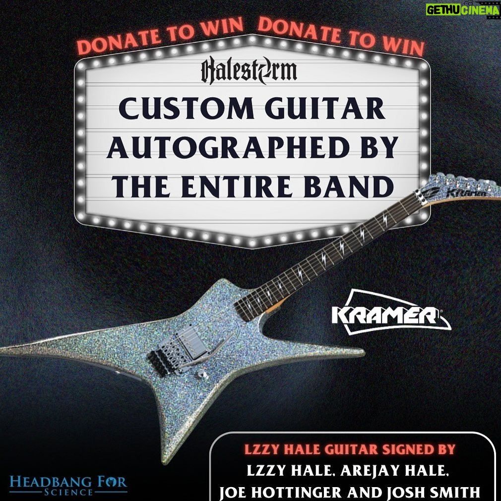 Lzzy Hale Instagram - Freaks! I’m sooo excited to link up with our friend @josemangin in support of @headbangforscience to give away a trip to our show in Vegas where you’ll get to hang out with ME @officiallzzyhale and @josemangin and watch from the photo pit. PLUS you’ll win a custom signed by ME Lzzy Hale @kramerguitarsus guitar! Donate now for your chance to win round trip travel to Vegas, hotel, a ride to/from the show in the @vindimelimo VanDime limo with Jose, backstage hang with Lzzy and much more. Your donations support Jose’s @headbangforscience and help students passionate about heavy metal pursue a career in science. 🤘Rock with us in Vegas at: fandiem.com/halestorm or with link in bio @winwithfandiem
