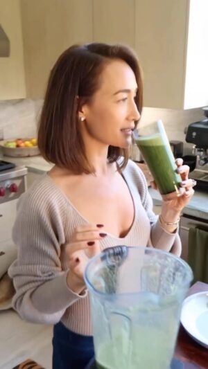 Maggie Q Instagram - Probiotic Green Juice featuring @activatedyou! 

Combine all ingredients in blender. 

Handful of ice cubes
1 stalk of kale
2-3 dandelion greens
Handful of cilantro
1 ruby red grapefruit (quartered)
1 cucumber (peeled and quartered)
1 cup water
1 Advanced Restorative Probiotic from Activated You (open capsule, pour out powder) 
1 teaspoon of agave (I like green juice flavor, but if you want a little sweetness add this.)

Blend till smooth and enjoy your new favorite, fibrous morning drink! 

Extra Notes:
You’ll need a high speed blender to really *obliterate* your vegetables and get the desired consistency!