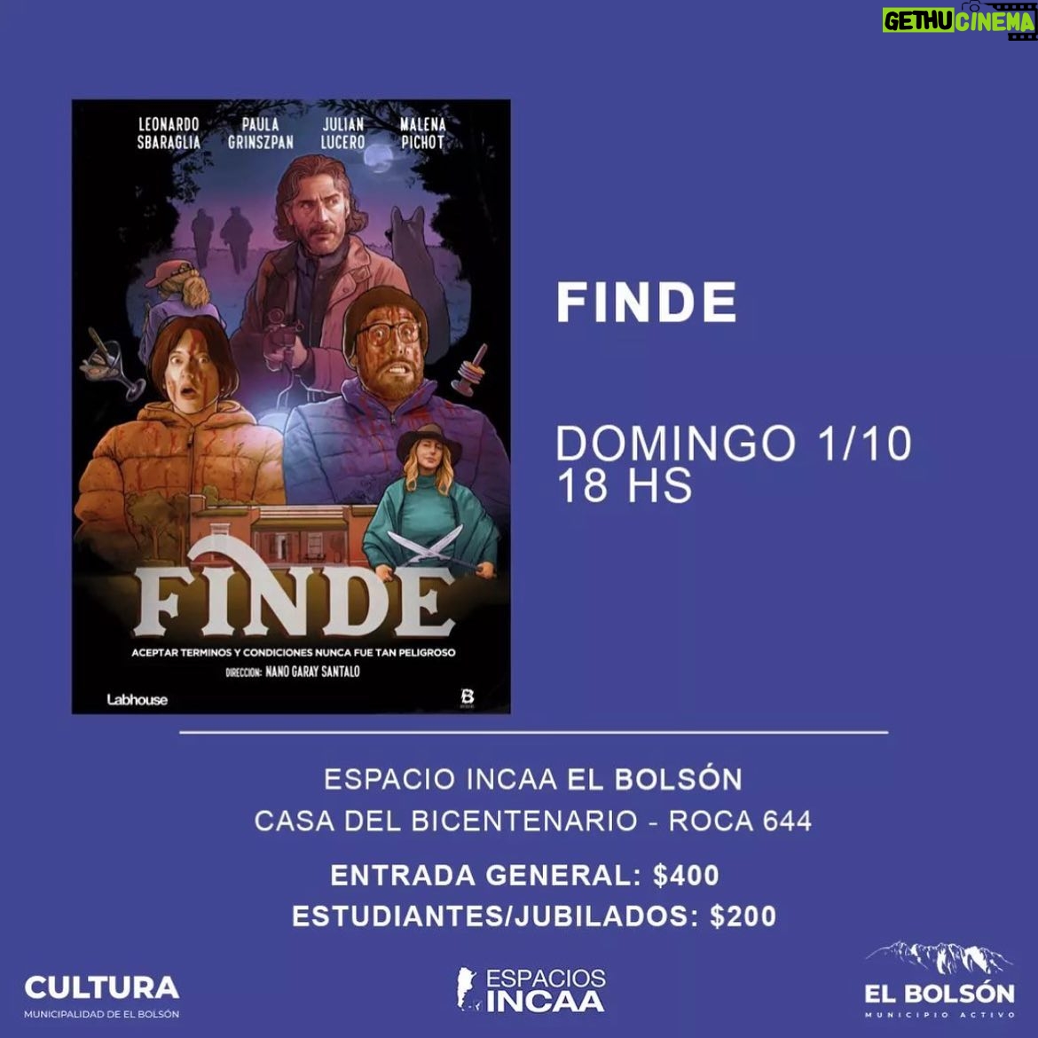 Malena Pichot Instagram - Seguimos septiembre y octubre en el cine! Llegando a tu ciudad! MAR DEL PLATA - TEATRO AUDITORIUM (SABADO 07 a las 19hs) EL PALOMAR - Espacio INCAA Cine Teatro Helios (JUEVES 28 a las 18hs) QUILMES - Espacio INCAA Cine Teatro Municipal Quilmes (JUEVES 28 a las 18 y 20hs) CORDOBA - Espacio INCAA Cine Arte Córdoba (JUEVES 28 a las 19hs) ZAPALA - Espacio INCAA Cine Municipal (JUEVES 18 a las 21:30hs) EL CAIRO - ROSARIO (JUE SAB y DOM) CINEMATECA URUGUAYA ( SABADO 30 y DOMINGO 01 a las 22hs) EL BOLSON - CASA DEL BICENTENARIO EL BOLSON (DOMINGO 01 a las 18:30) NEUQUEN - Espacio INCAA Cine Teatro Español (LUNES 02 a las 22hs)