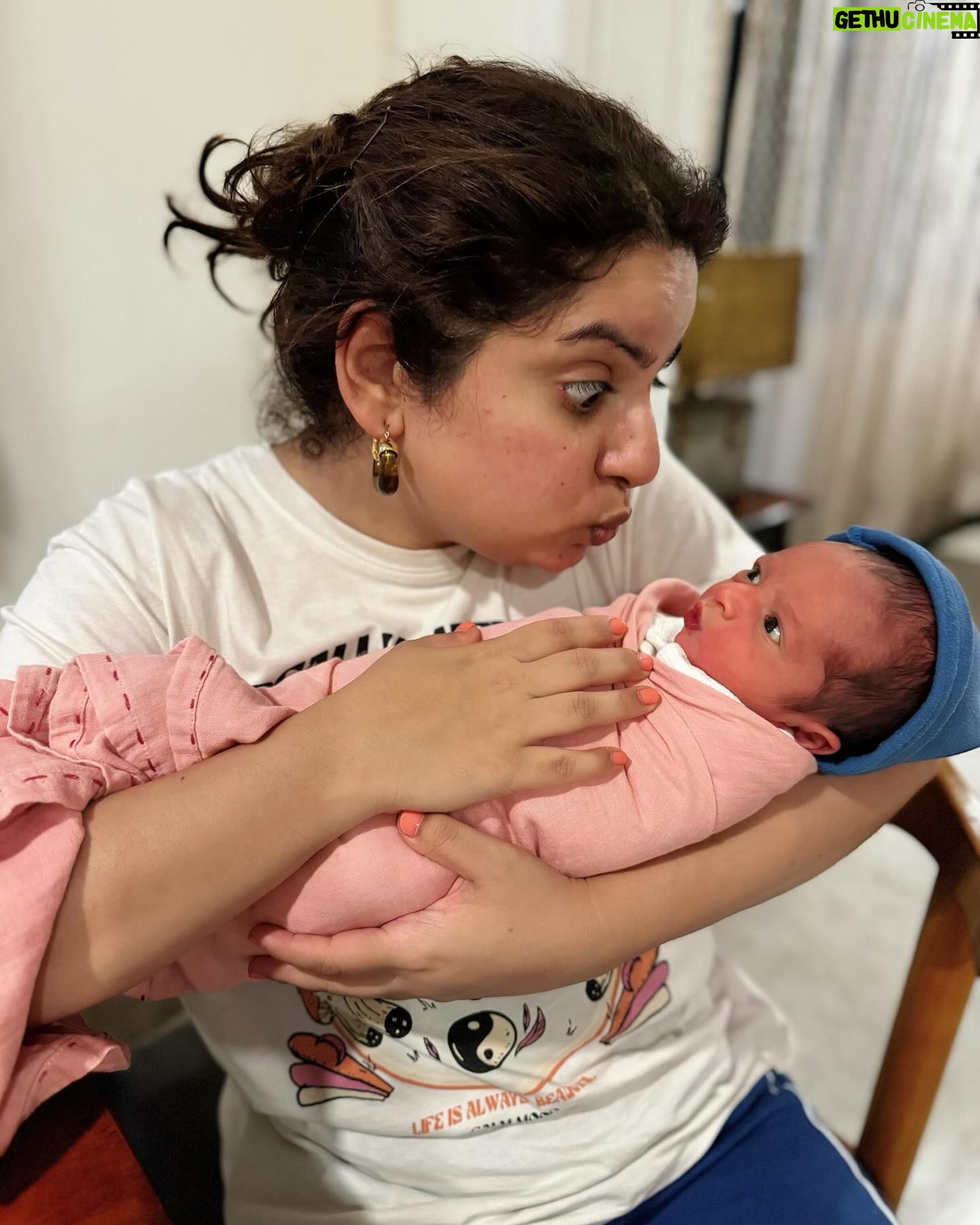 Mallika Dua Instagram - 🧿 I’m now Maasi to Fateh Dua Sinha, who secretly judges everyone, pouts non stop, thinks deep thoughts, gives bombastic side eye 👀, smiles for no reason in his sleep, sleeps if he finds you boring, uses very few sounds to convey discomfort/needs but gets the point across and has the fluffiest cheeks monk like calm at all times. Needless to say, he reminds us of Papaji in the most adorable, life affirming, heart melting, soul healing way. 🧿💚✨ This button is 20 times smaller than he looks in pictures. I can’t. Two little monkeys have now conquered our world, and they are aptly named Jahan and Fateh 🧿✨🦋🦉