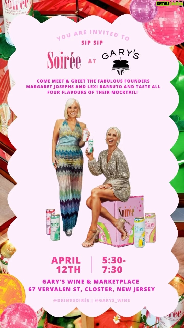 Margaret Josephs Instagram - See you TONIGHT! 🪩✨🍹 @garys_wine ! Come meet and greet and sip sip all flavors of my mocktail @drinksoiree 💓 Can’t wait to meet you all! Xx See flyers for all event details! #drinksoiree #garyswine #femalefounders