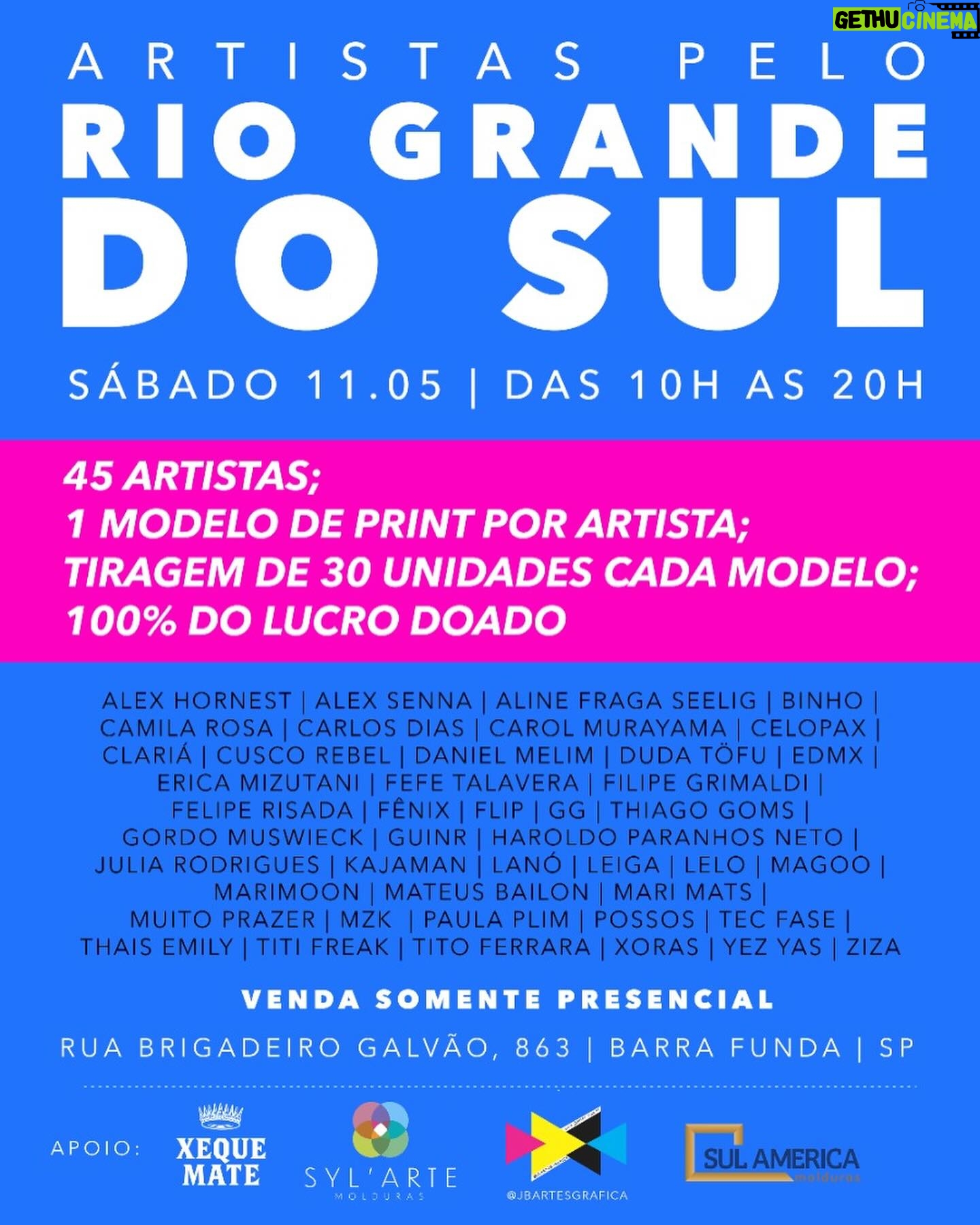MariMoon Instagram - Hoje a partir das 10h no @ateliebaru aqui em SP, nosso grupo de artistas estarão vendendo prints em apoio ao Rio Grande do Sul. 100% do lucro será doado. 🤍 📍Rua Brigadeiro Galvão 863, Barra Funda Até as 20h, somente hoje e presencialmente. —— Apoio: @sylartemolduras @sulamericamolduras @jbartesgrafica @xequematebebidas @haroldoparanhosneto