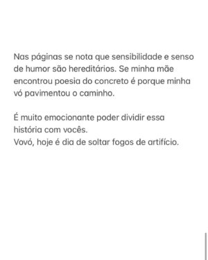 Maria Bopp Instagram - Hoje é dia de fogos de artifício. 

Lançamento oficial de Afetos Colaterais será dia 13 de junho na Livraria da Vila, na Vila Madalena, mas você já pode encomendar o seu na pré-venda pelo link da minha bio. 

Te amo, @bettina.bopp. 
Que orgulho ♥️