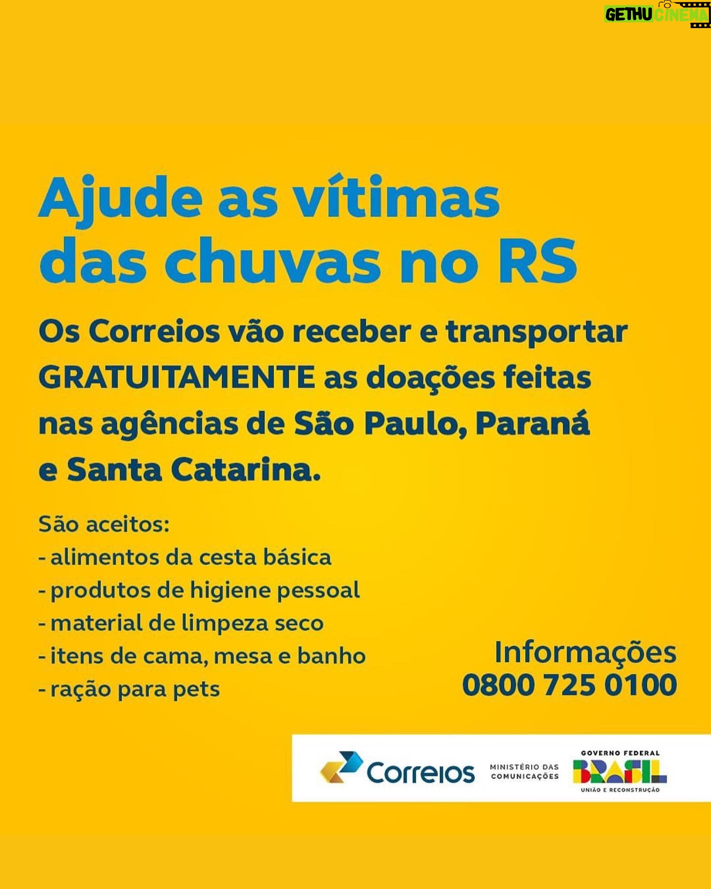 Marina Ruy Barbosa Instagram - Sem palavras para descrever as imagens do desastre que afeta a população do Rio Grande do Sul. Sigo procurando formas de ajudar, não apenas doando, mas buscando entender todas as necessidades que essas pessoas precisam nesse momento - a única certeza que tenho é que não podemos esperar. São vidas interrompidas, sonhos perdidos e um cenário de muita dor e tristeza. Faço aqui um apelo a todos que me acompanham para promover os meios de auxílio à essas vítimas - que pode ser feito em dinheiro, suprimentos, auxílio médico ou psicológico. Hoje é possível ajudar de diversas formas, inclusive fazendo doações em pontos de coleta em todo o Brasil - procure o ponto mais próximo à você para contruibuir com roupas, itens de higiene pessoal, colchões, cestas básicas, ração animal, cobertores, toalhas e água potável. Inclusive, se você é dos estados de São Paulo, Santa Catarina ou Paraná, procure a unidade do Correios mais próxima e ajude como puder. Nenhuma doação é pequena demais! Todo meu apoio e respeito pela @cufabrasil @cufars, por todo trabalho e dedicação em auxiliar os afetados. CONTRIBUA PELO PIX doacoes@cufa.org.br Ou doe em um dos pontos: Rio de Janeiro Sede da CUFA RJ Rua Francisco Batista, 01 - Madureira - Embaixo do Viaduto de Madureira CUFA COMPLEXO DA PENHA Estrada José Rucas, 1266 - Penha, Rio de Janeiro BAHIA Salvador Rua Rio Madeira n 19-E. CEP 40.713.315. Bairro Itacaranha CEARÁ SEDE CUFA CEARÁ Rua Regina de Fátima, 3821 - Passare CUFA SEDE POÇO DA DRAGA Rua Gerson Gravdol 106 Centro SANTA CATARINA Florianópolis Rua Desembargador José Roberto Guilhon, 70 Coloninha Vamos juntos nessa!