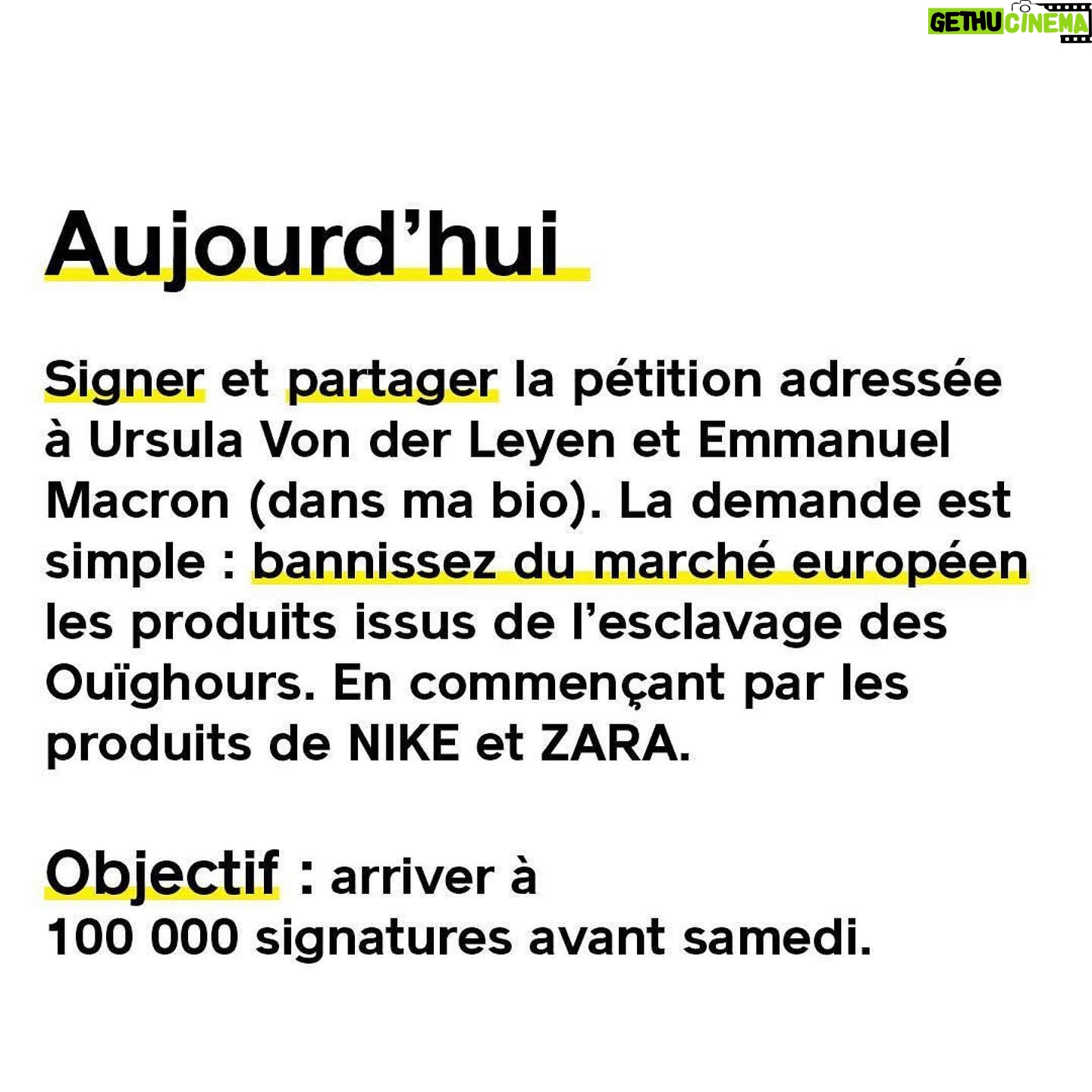 Marion Cotillard Instagram - LIEN DANS MA BIIO POUR LA PÉTITION #Repost @raphaelglucksmann ・・・ Nous les abandonnerons jamais. Cela fait maintenant 2 an qu’on se mobilise et cette semaine est cruciale. Je compte sur vous et votre humanité. Chaque jour, je ferai un post pour chaque mobilisation. Ne lâchons rien. Notre semaine de mobilisation : nous allons rendre visibles les millions de Ouïghours encore parqués dans les camps de concentration. Et exiger que nos dirigeants agissent. Tous les jours. Partout. Voici notre plan de bataille. *Aujourd’hui Signer et partager la pétition adressée à @ursulavonderleyen et @emmanuelmacron (dans ma bio). La demande est simple : bannissez de nos marchés les produits issus de l’esclavage des Ouïghours. En commençant par les produits de @nike et @zara . Objectif : arriver à 100 000 signatures avant samedi.
