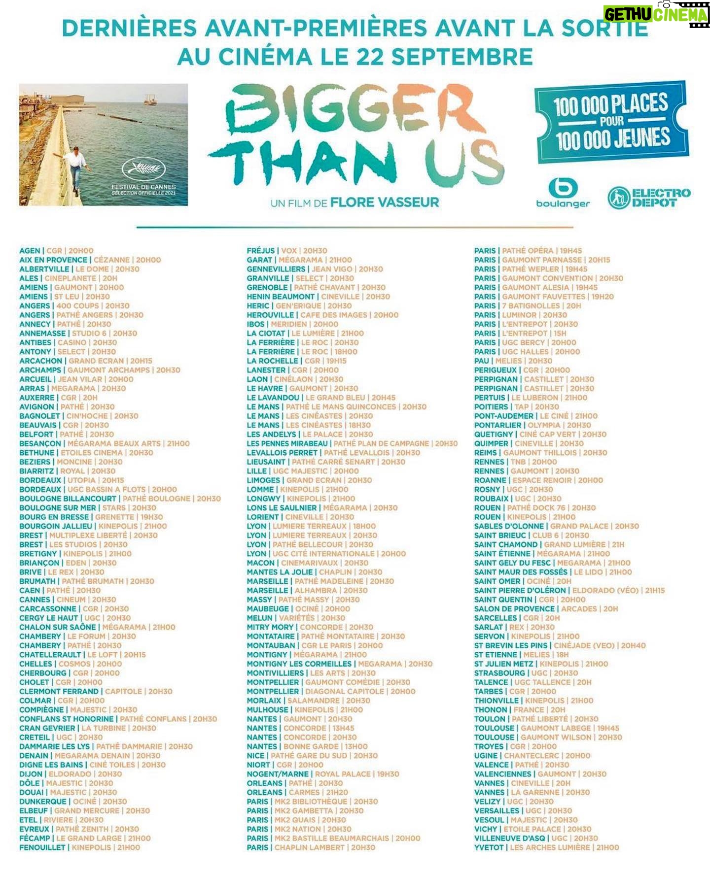 Marion Cotillard Instagram - Aujourd’hui , #BiggerThanUs est en avant-première dans tous ces cinémas ! Et c'est gratuit pour les moins de 27 ans! Prenez vos places ici : lien dans ma bio