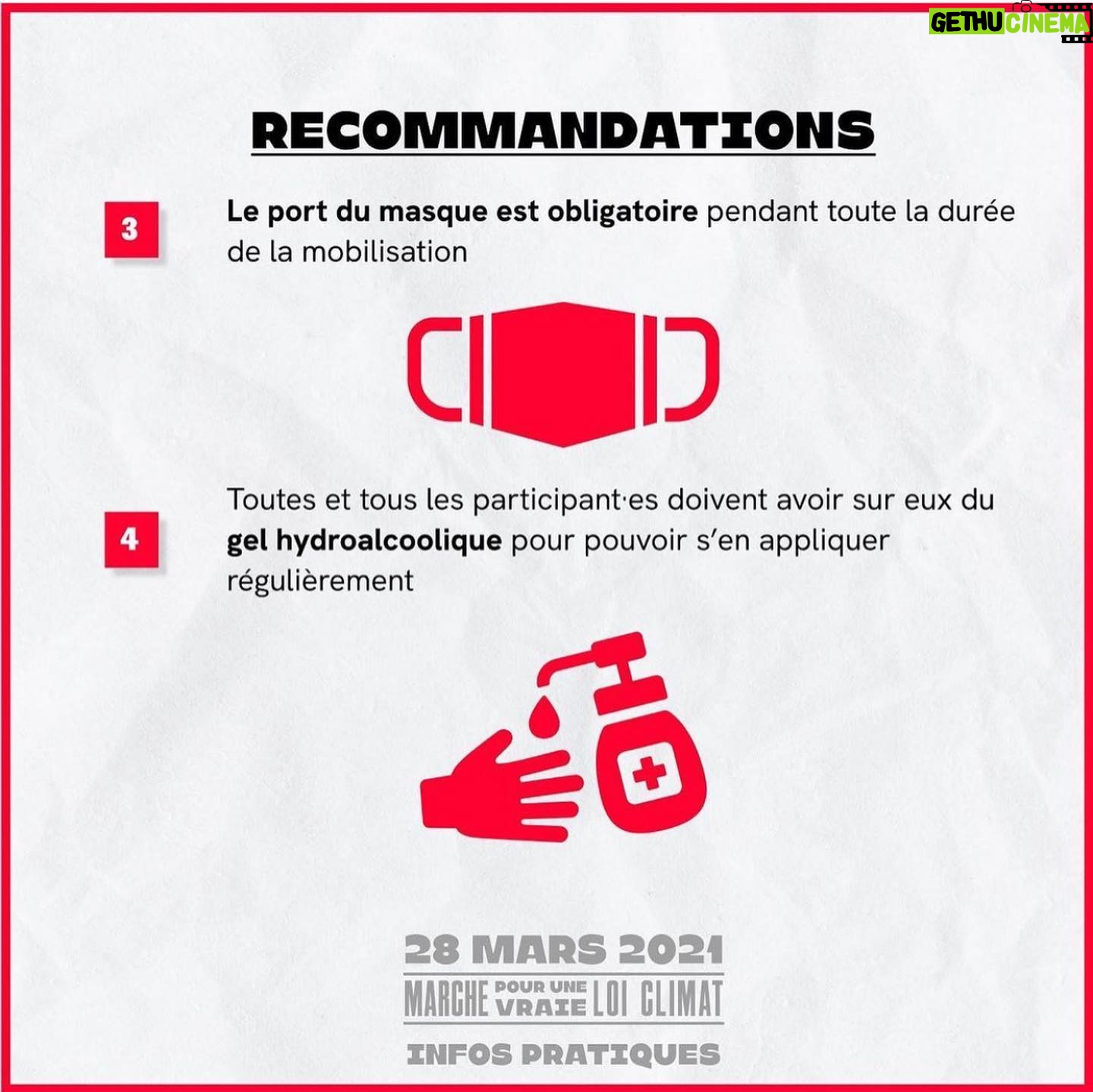 Marion Cotillard Instagram - À demain 👣👣👣👣👣👣#repost @graine_de_possible ・・・ LA PLUS GROSSE MARCHE POUR LE CLIMAT DEPUIS 2019: C'EST DEMAIN 🔥🔥 Il y a plus de 170 marches déclarées en France, retrouvez celle près de chez vous sur cette carte intéractive: https://vraieloiclimat.fr/28mars/ POURQUOI IL FAUT VENIR MARCHER: -Pour montrer que le mouvement climat est de retour. Que nous avons compris que la crise du COVID n’est qu’un échauffement avant le réchauffement. -Monter à nos députés que nous les regardons. Que nous comptons sur eux pour rehausser l’ambition de cette loi climat et aboutir à des solutions, enfin, à la hauteur de l’urgence. -Se retrouver, enfin. -Sortir de nos murs, au soleil, pancarte à la main et musique à fond. -Pour qu’on ai pas passé autant de nuits ( presque ) blanches en si peu de temps pour rien. -Pour remercier les 150 citoyens de la CCC qui ont mené, pour nous,ce travail démocratique jusqu’au bout. -On prépare une surprise à la fin - genre un truc que vous avez pas entendu depuis un an- ça commence par un C et ça finit par un T - j’en dis pas plus, à demain. POINT CORONAVIRUS: Manifester est un droit inaliénable en démocratie donc OUI la marche est bien maintenue malgré le confinement dans plusieurs régions. Toutefois si vous avez les moindres symptômes ou que vous êtes cas contact, nous vous invitons fortement à rester chez vous. ce serait ballot de faire une hécatombe d’activistes et de gens badass… Nous vous invitons pendant la marche à respecter au maximum les gestes barrières ! On a choisi exprès des rues larges ou il y a largement la place pour respecter les distanciations sociales. ( on aura l’air plus nombreux en prime ;) ) Venez masqués et avec du gel hydroalcoolique. Le succès de cette marche est entre vos mains. 🔥🔥🔥