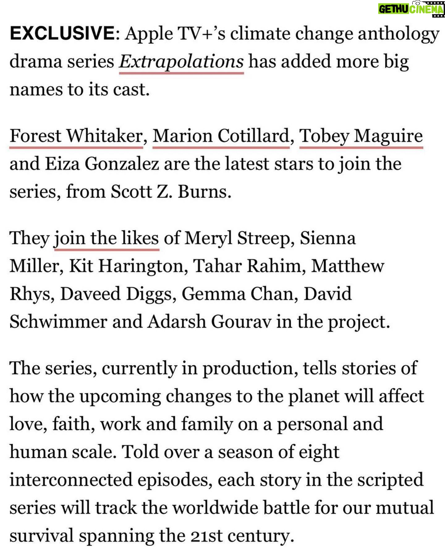 Marion Cotillard Instagram - Joy! Joie! #extrapolations @forestwhitaker @eizagonzalez #tobeymaguire @harinef @nicole_holofcener @scottzburns @appletv
