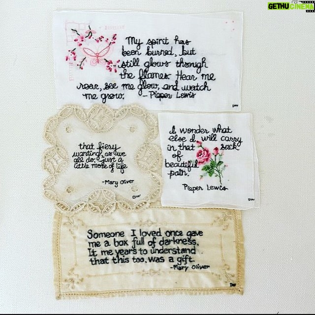Marisa Tomei Instagram - The Art of Healing: Inspired by Pieper Lewis’s courage and resilience @tanyaauthor, @tinypricksproject and I banded together to offer the following collection for sale to raise funds to support Pieper’s journey: 2 Pieper Lewis quotes stitched by Diana Weymar 2 Mary Oliver poetry fragments stitched by Diana Weymar Assume Nothing: A Story of Intimate Violence by Tanya Selvaratnam and autographed by the author From @newsweek: “Money to support Lewis was raised on GoFundMe by Leland Schipper, one of her former teachers. On the online fundraiser he wrote: ‘In Iowa, there is a law that states that anyone who is convicted of killing a person, regardless of circumstances, must pay that individual's family 150,000 dollars. This law is intended to provide justice to families who lost their loved ones. ‘However, in the case of Pieper, it will require her to pay 150,000 dollars to the family of a man who purchased Pieper's fifteen-year-old body from a sex trafficker, gave her drugs and alcohol, and then raped her repeatedly. ‘Pieper does not owe that man's family justice. Pieper does not deserve to be financially burdened for the rest of her life because the state of Iowa wrote a law that fails to give judges any discretion as to how it is applied. This law doesn't make sense in many cases, but in this case, it's morally unjustifiable. A child who was raped, under no circumstances, should owe the rapist's family money.’” Please share this post and Pieper’s story to help us raise funds to support her. Starting price: $300 excluding shipping. Please comment on this post or DM @tinypricksproject to submit your price. Bidding will continue through #DomesticViolenceAwarenessMonth until November 3. 100% of proceeds will go to #pieperlewis. For resources about #domesticviolence #intimatepartnerviolence, please visit #LinkInBio @tanyaauthor.