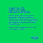 Marjorie Estiano Instagram – Eu participo dessa grande rede de voluntários. 
É muito fácil ajudar e não precisa sair de casa! Juntos podemos fazer muito. O trabalho aqui já começou. É possível colaborar de 3 formas: *Doação em dinheiro* p/remuneração de costureiras, entregadores ou compra de material. *Doação de tempo* montando viseiras, costurando, divulgando ou nos conectando a quem pode doar ou precisa de ajuda. *Doação de Material* contribuindo com tecido, elástico ou cadarço.

Vamos sair dessa juntos! Quer ajudar? @doemascarasbrasil
DoeMascarasBrasil@gmail.com
WhatsApp   55 21 99145 1555 ❤️❤️❤️❤️