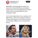 Marjorie Taylor Greene Instagram - We will win these important Free Speech cases against California cities Riverside and Anaheim and the insane left! Then we will return to CA and hold America First rallies inviting everyone in California that hates what the Democrats have done to their state and our country!