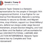 Marjorie Taylor Greene Instagram - I’m honored to have President Trump’s endorsement for another term as your Congresswoman! If you haven’t already voted early, remember to #FloodThePolls tomorrow and vote for Marjorie Taylor Greene!! Find your polling location: 🔗 LINK IN BIO