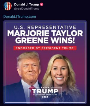 Marjorie Taylor Greene Instagram - Thank you, President Trump!!

You have my back and I’ll always have yours!

FOUR MORE YEARS!