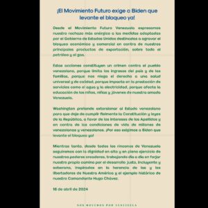 Marlene De Andrade Instagram - 🔵 #BidenLevantaElBloqueoYa

¡Venezuela se Respeta! 🇻🇪

👆👆👆Comunicado @movimientofuturoven 🇻🇪🙏🙏🙏