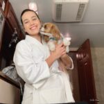 Mary Mouser Instagram - cheesin’ BTS of @cobrakaiseries season 2! do you guys remember what scene this look was from? this was my first time getting to wear the Miyagi-Do gi and I felt so freaking excited, proud, and so so grateful. my pup, Lady Charlotte, was clearly also thrilled for me (or maybe my make up just tasted good, idk 🤷🏻‍♀️)