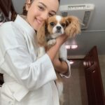 Mary Mouser Instagram - cheesin’ BTS of @cobrakaiseries season 2! do you guys remember what scene this look was from? this was my first time getting to wear the Miyagi-Do gi and I felt so freaking excited, proud, and so so grateful. my pup, Lady Charlotte, was clearly also thrilled for me (or maybe my make up just tasted good, idk 🤷🏻‍♀️)