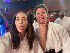 Mary Mouser Instagram - season 5 bts post simply has to be dedicated to my favorite karate moments. well, some of them anyway. here’s some in between moments, some making-of moments, and best of all - some jam sessions/dance party/training-our-butts-off moments with my CK fam. 

as you can see, we all work very hard. esp Jacob. 

anyway - tell me your fave fight moments from season 5??