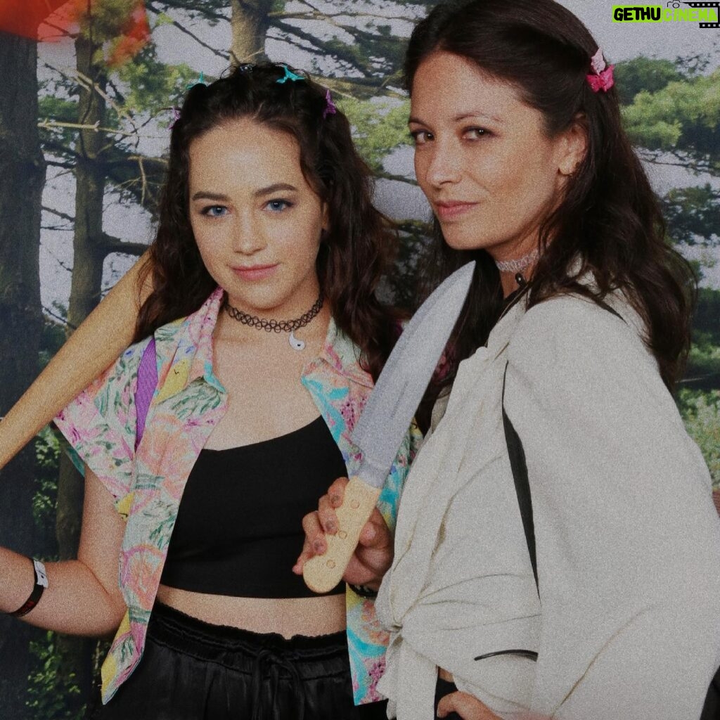 Mary Mouser Instagram - if my giant grin in every pic wasn’t enough to convince you: I had so much fun last night. 90s theme night & a scary movie chill? yes yes yes 😍 ps. no mary’s or @selkiehom’s were harmed in the making of these photos 👻 butterfly clips and knife/baseball bat fights are just how we show our love for one another 💖